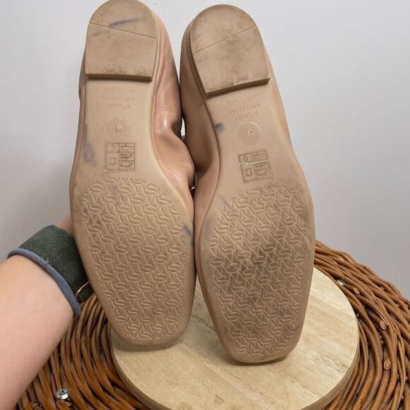 Stuart Weitzman Bardot Leather Ballet Flats Square Toe Bow Tan Nude Neutral 7 - Picture 7 of 8